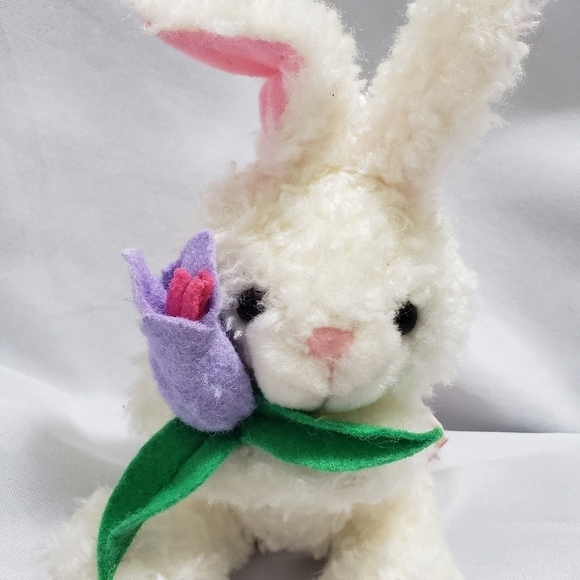Russ Petal Pals White Bunny Rabbit Plush 5" Stuffed Animal Purple Felt Flower - Picture 2 of 7